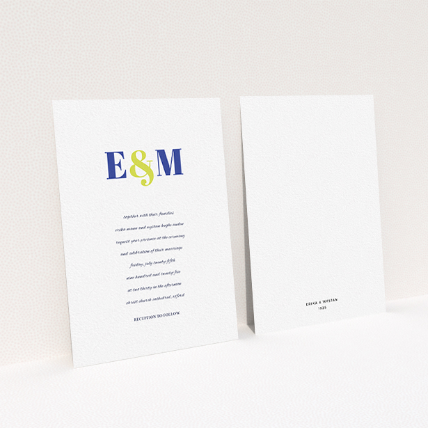 A personalised wedding invitation called "Top line". It is an A6 invite in a portrait orientation. "Top line" is available as a flat invite, with tones of white and blue.