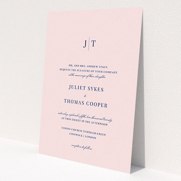 A personalised wedding invitation design called 'Tradition in Pink'. It is an A6 invite in a portrait orientation. 'Tradition in Pink' is available as a flat invite, with mainly pink colouring.