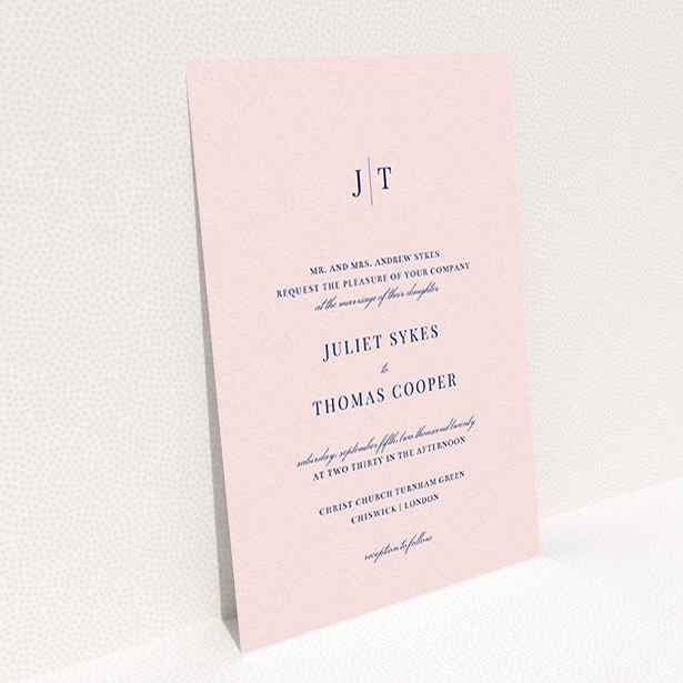 A personalised wedding invitation design called "Tradition in Pink". It is an A6 invite in a portrait orientation. "Tradition in Pink" is available as a flat invite, with mainly pink colouring.