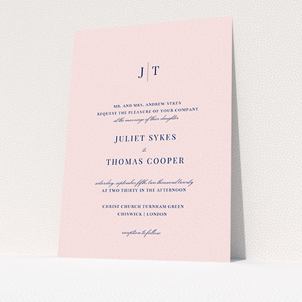 A personalised wedding invitation design called "Tradition in Pink". It is an A6 invite in a portrait orientation. "Tradition in Pink" is available as a flat invite, with mainly pink colouring.