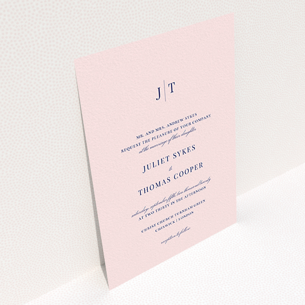 A personalised wedding invitation design called "Tradition in Pink". It is an A6 invite in a portrait orientation. "Tradition in Pink" is available as a flat invite, with mainly pink colouring.