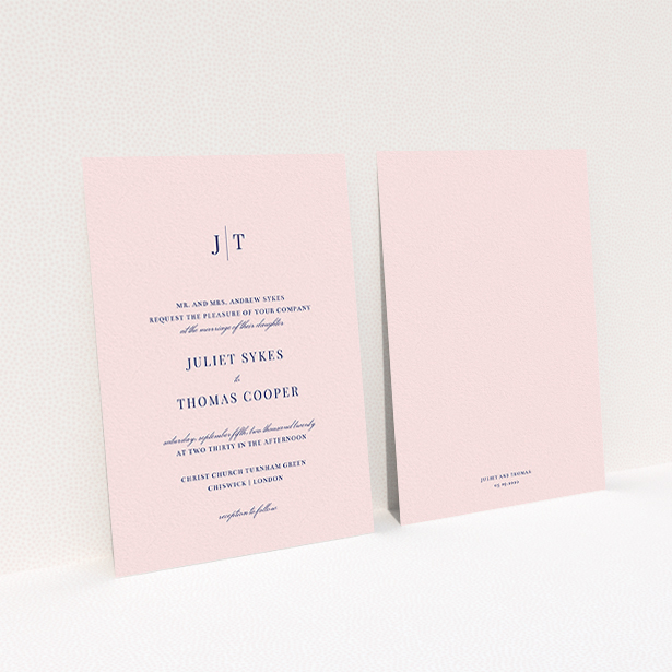 A personalised wedding invitation design called "Tradition in Pink". It is an A6 invite in a portrait orientation. "Tradition in Pink" is available as a flat invite, with mainly pink colouring.