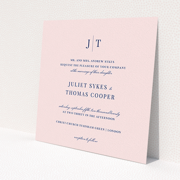 A personalised wedding invitation called 'Tradition in Pink'. It is a square (148mm x 148mm) invite in a square orientation. 'Tradition in Pink' is available as a flat invite, with mainly pink colouring.