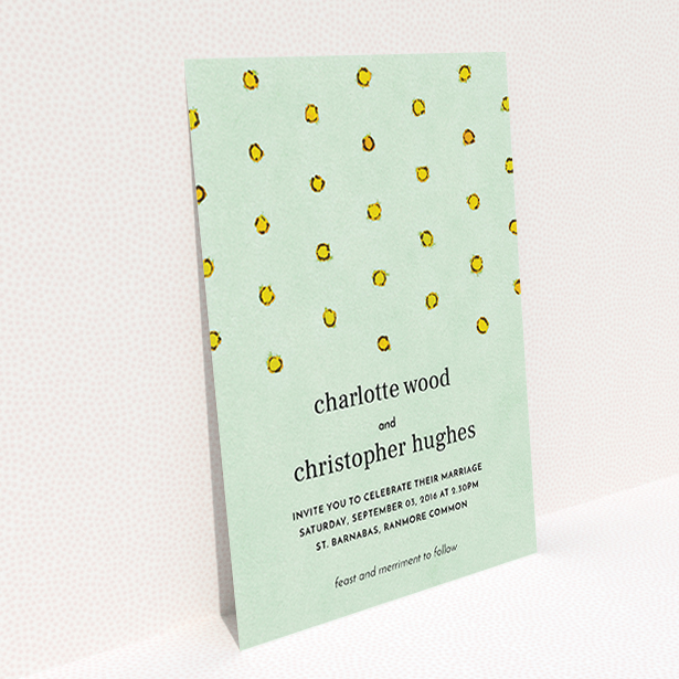 A personalised wedding invitation called "Turquoise polkadots". It is an A6 invite in a portrait orientation. "Turquoise polkadots" is available as a flat invite, with tones of green and yellow.