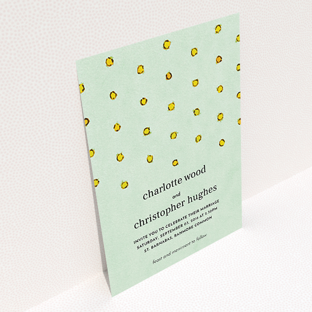 A personalised wedding invitation called "Turquoise polkadots". It is an A6 invite in a portrait orientation. "Turquoise polkadots" is available as a flat invite, with tones of green and yellow.