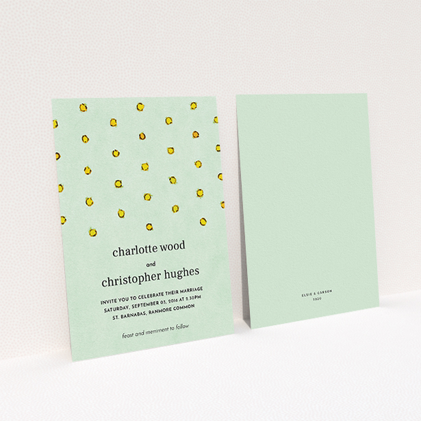 A personalised wedding invitation called "Turquoise polkadots". It is an A6 invite in a portrait orientation. "Turquoise polkadots" is available as a flat invite, with tones of green and yellow.
