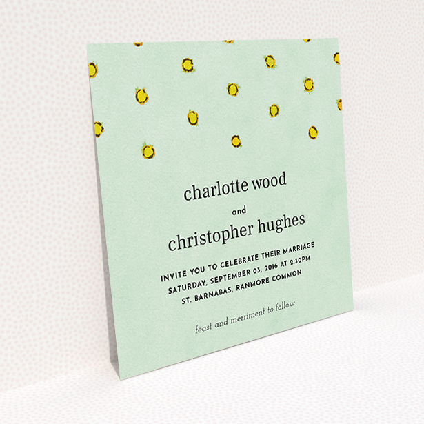 A personalised wedding invitation named "Turquoise polkadots". It is a square (148mm x 148mm) invite in a square orientation. "Turquoise polkadots" is available as a flat invite, with tones of green and yellow.