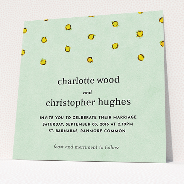 A personalised wedding invitation named "Turquoise polkadots". It is a square (148mm x 148mm) invite in a square orientation. "Turquoise polkadots" is available as a flat invite, with tones of green and yellow.