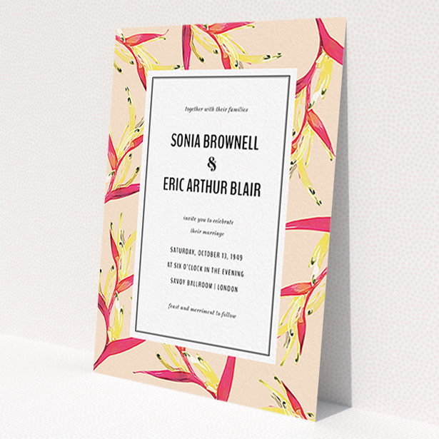 A personalised wedding invite called 'Birds of paradise'. It is an A6 invite in a portrait orientation. 'Birds of paradise' is available as a flat invite, with tones of peach and deep pink.