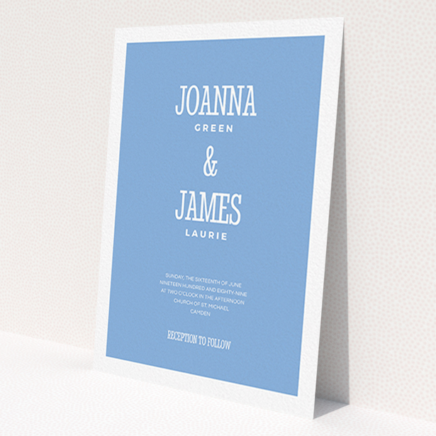 A personalised wedding invite design named 'Bold border'. It is an A6 invite in a portrait orientation. 'Bold border' is available as a flat invite, with tones of blue and white.