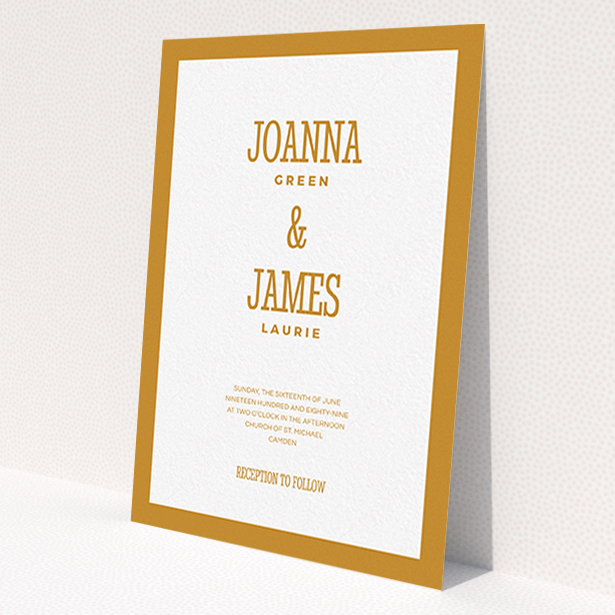 A personalised wedding invite called 'Bold border'. It is an A6 invite in a portrait orientation. 'Bold border' is available as a flat invite, with tones of orange and white.