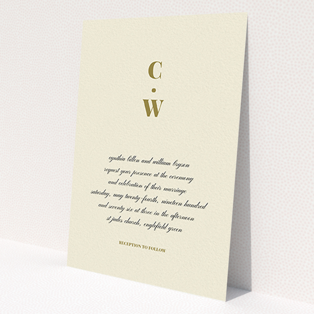 A personalised wedding invite design named 'Bullet point'. It is an A6 invite in a portrait orientation. 'Bullet point' is available as a flat invite, with tones of cream and gold.