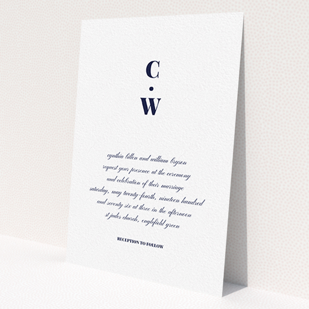 A personalised wedding invite called 'Bullet point'. It is an A6 invite in a portrait orientation. 'Bullet point' is available as a flat invite, with mainly white colouring.