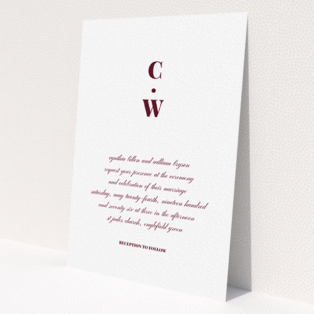 A personalised wedding invite design titled "Bullet point". It is an A6 invite in a portrait orientation. "Bullet point" is available as a flat invite, with tones of white and burgundy.