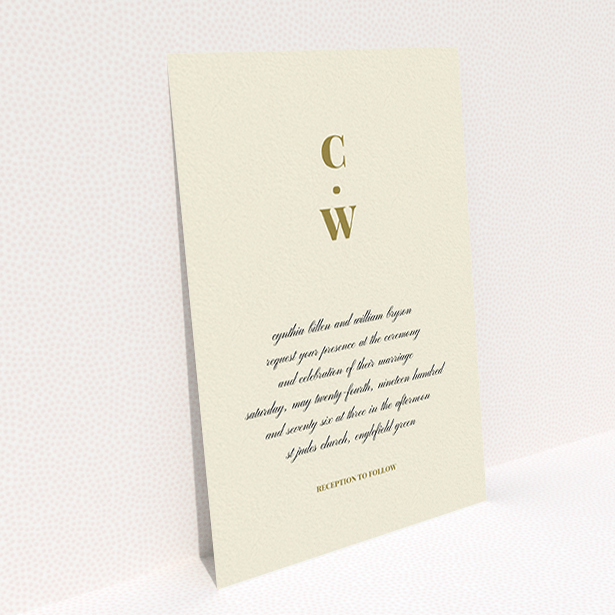 A personalised wedding invite design named "Bullet point". It is an A6 invite in a portrait orientation. "Bullet point" is available as a flat invite, with tones of cream and gold.