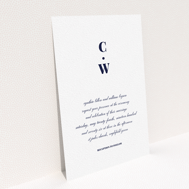 A personalised wedding invite called "Bullet point". It is an A6 invite in a portrait orientation. "Bullet point" is available as a flat invite, with mainly white colouring.
