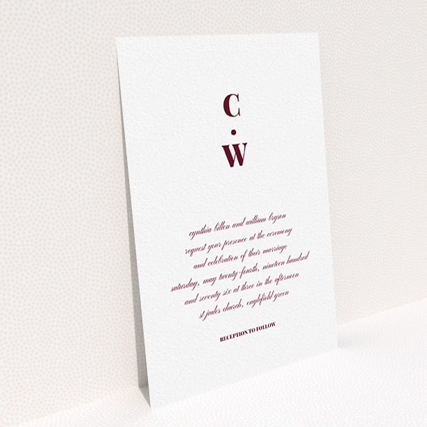 A personalised wedding invite design titled "Bullet point". It is an A6 invite in a portrait orientation. "Bullet point" is available as a flat invite, with tones of white and burgundy.
