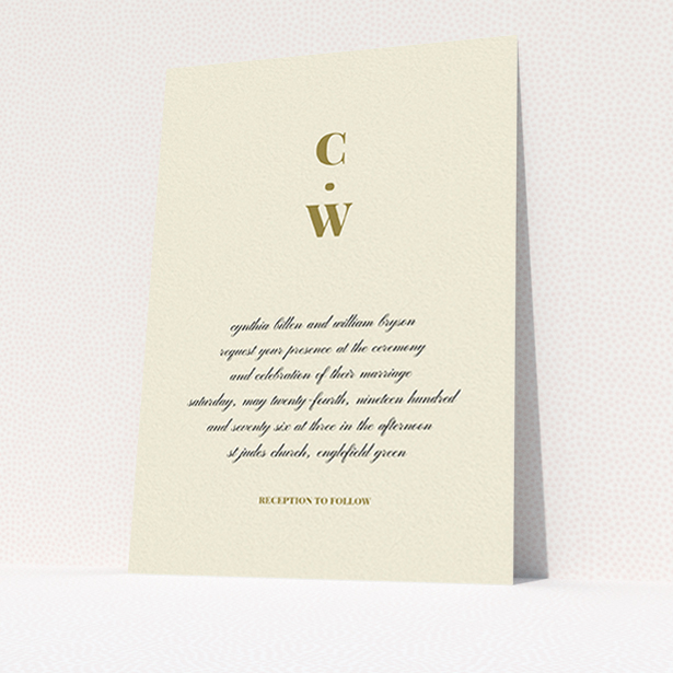 A personalised wedding invite design named "Bullet point". It is an A6 invite in a portrait orientation. "Bullet point" is available as a flat invite, with tones of cream and gold.