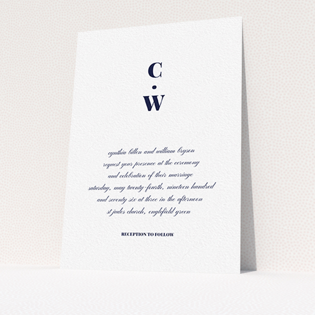 A personalised wedding invite called "Bullet point". It is an A6 invite in a portrait orientation. "Bullet point" is available as a flat invite, with mainly white colouring.