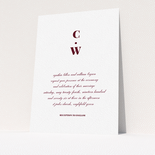 A personalised wedding invite design titled "Bullet point". It is an A6 invite in a portrait orientation. "Bullet point" is available as a flat invite, with tones of white and burgundy.