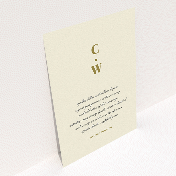 A personalised wedding invite design named "Bullet point". It is an A6 invite in a portrait orientation. "Bullet point" is available as a flat invite, with tones of cream and gold.