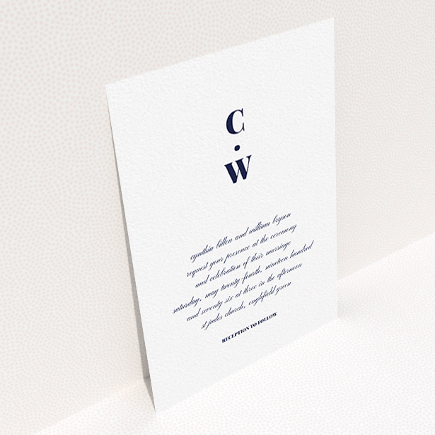 A personalised wedding invite called "Bullet point". It is an A6 invite in a portrait orientation. "Bullet point" is available as a flat invite, with mainly white colouring.