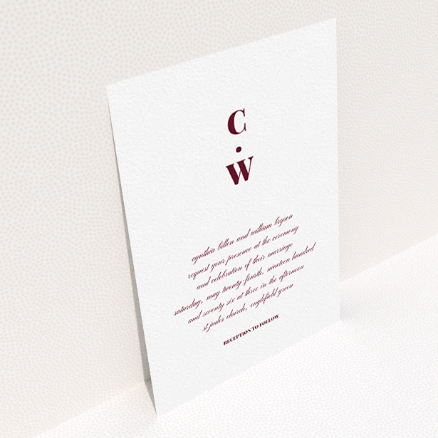A personalised wedding invite design titled "Bullet point". It is an A6 invite in a portrait orientation. "Bullet point" is available as a flat invite, with tones of white and burgundy.