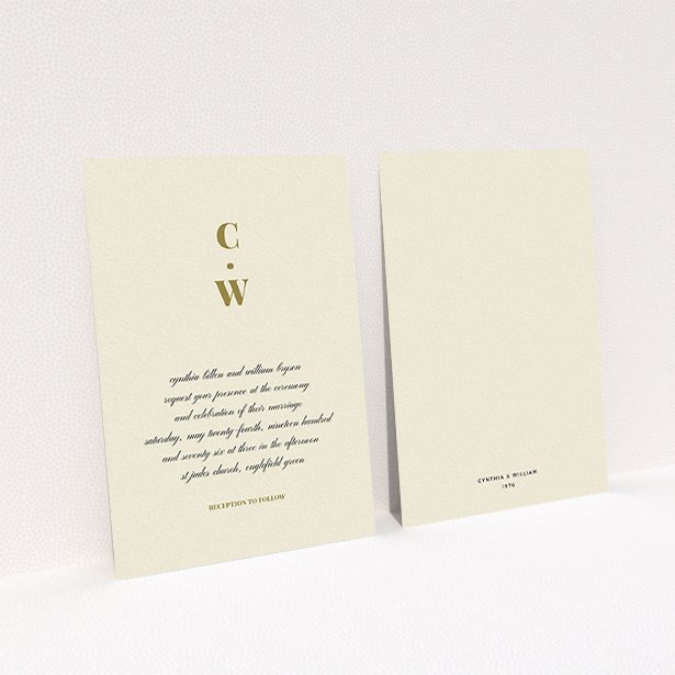 A personalised wedding invite design named "Bullet point". It is an A6 invite in a portrait orientation. "Bullet point" is available as a flat invite, with tones of cream and gold.