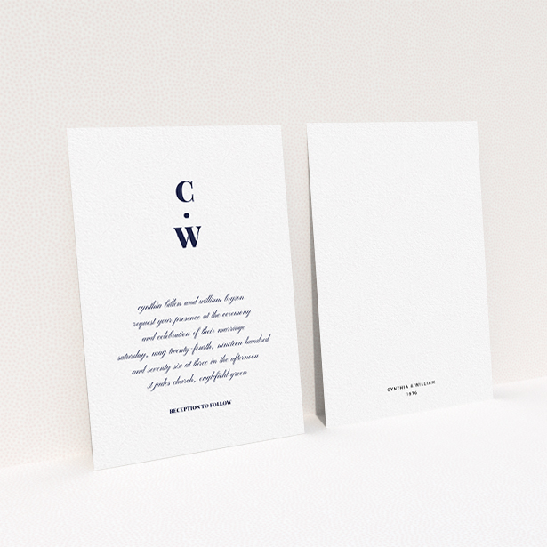 A personalised wedding invite called "Bullet point". It is an A6 invite in a portrait orientation. "Bullet point" is available as a flat invite, with mainly white colouring.