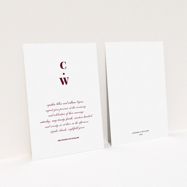 A personalised wedding invite design titled "Bullet point". It is an A6 invite in a portrait orientation. "Bullet point" is available as a flat invite, with tones of white and burgundy.