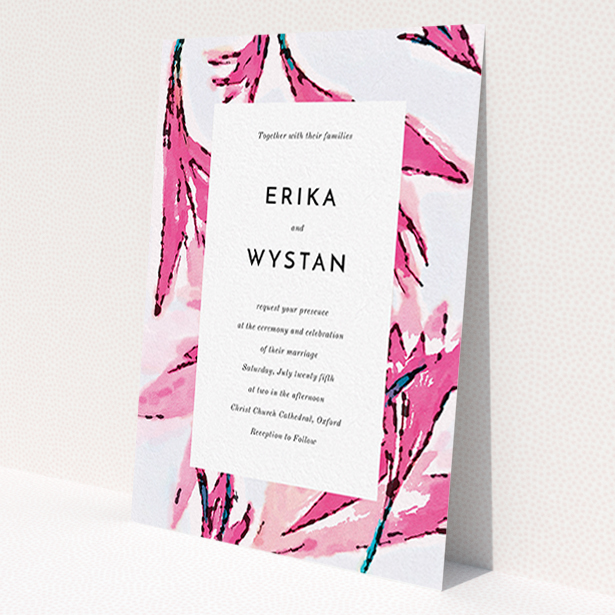 A personalised wedding invite design titled 'By the river bank'. It is an A6 invite in a portrait orientation. 'By the river bank' is available as a flat invite, with tones of vibrant pink and green.