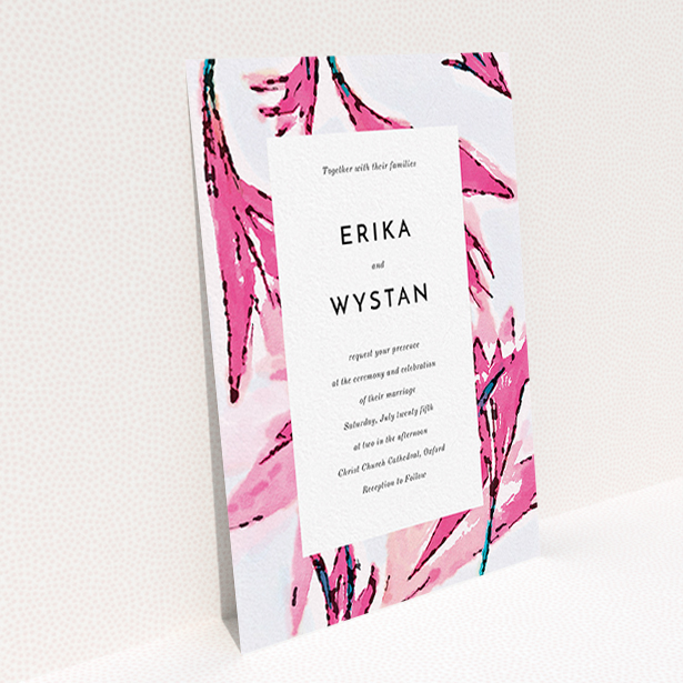 A personalised wedding invite design titled "By the river bank". It is an A6 invite in a portrait orientation. "By the river bank" is available as a flat invite, with tones of vibrant pink and green.