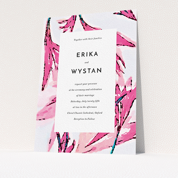 A personalised wedding invite design titled "By the river bank". It is an A6 invite in a portrait orientation. "By the river bank" is available as a flat invite, with tones of vibrant pink and green.