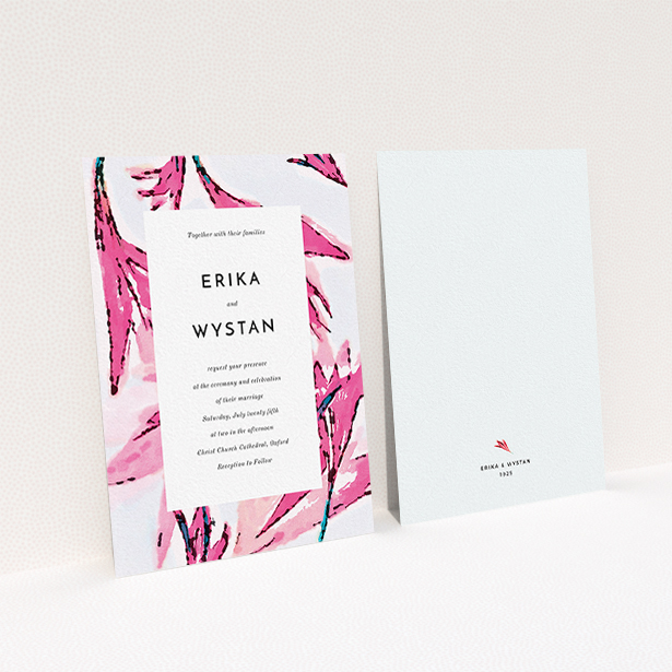 A personalised wedding invite design titled "By the river bank". It is an A6 invite in a portrait orientation. "By the river bank" is available as a flat invite, with tones of vibrant pink and green.