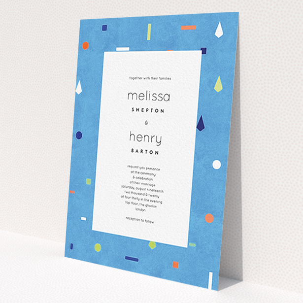 A personalised wedding invite design titled 'Capri'. It is an A6 invite in a portrait orientation. 'Capri' is available as a flat invite, with tones of light blue and orange.