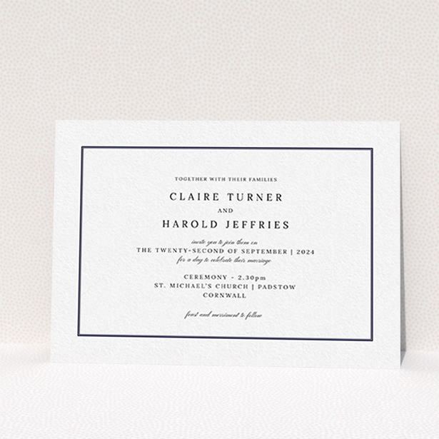 A personalised wedding invite named "Central Script". It is an A6 invite in a landscape orientation. It is a photographic personalised wedding invite with room for 1 photo. "Central Script" is available as a flat invite, with mainly white colouring.