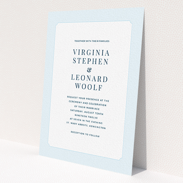 A personalised wedding invite design called 'Classic face'. It is an A6 invite in a portrait orientation. 'Classic face' is available as a flat invite, with tones of blue and white.