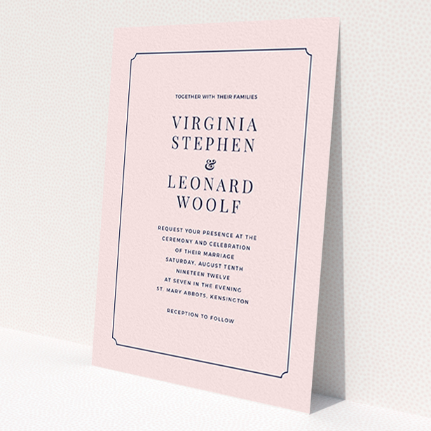 A personalised wedding invite design called 'Classic face'. It is an A6 invite in a portrait orientation. 'Classic face' is available as a flat invite, with mainly pink colouring.