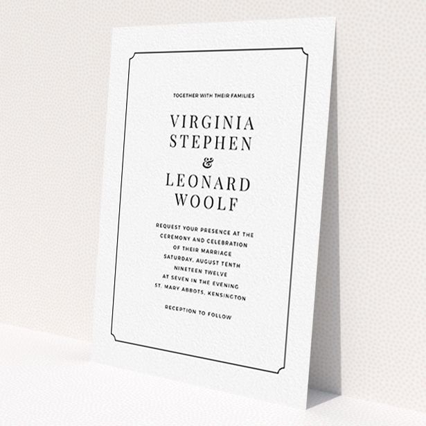 A personalised wedding invite template titled 'Classic face'. It is an A6 invite in a portrait orientation. 'Classic face' is available as a flat invite, with mainly white colouring.
