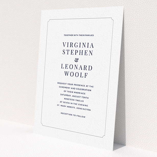 A personalised wedding invite named 'Classic face'. It is an A6 invite in a portrait orientation. 'Classic face' is available as a flat invite, with tones of white and grey.