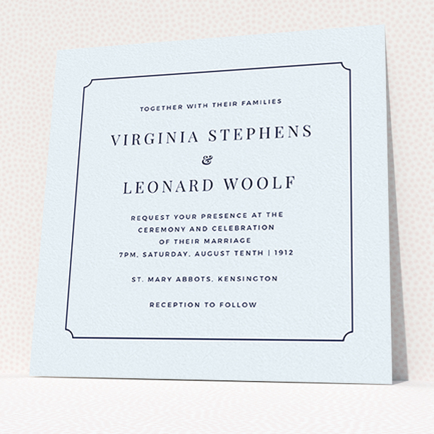A personalised wedding invite template titled "Classic face". It is a square (148mm x 148mm) invite in a square orientation. "Classic face" is available as a flat invite, with mainly light blue colouring.