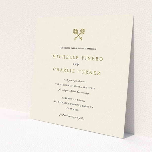 A personalised wedding invite design named 'Cross Keys'. It is a square (148mm x 148mm) invite in a square orientation. 'Cross Keys' is available as a flat invite, with tones of cream and gold.