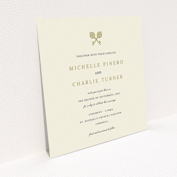 A personalised wedding invite design named "Cross Keys". It is a square (148mm x 148mm) invite in a square orientation. "Cross Keys" is available as a flat invite, with tones of cream and gold.