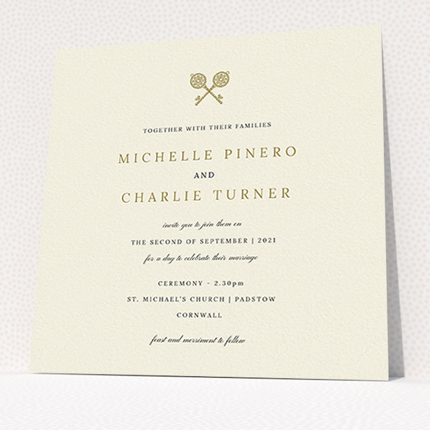 A personalised wedding invite design named "Cross Keys". It is a square (148mm x 148mm) invite in a square orientation. "Cross Keys" is available as a flat invite, with tones of cream and gold.