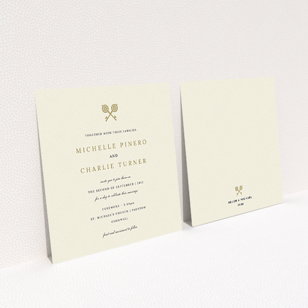 A personalised wedding invite design named "Cross Keys". It is a square (148mm x 148mm) invite in a square orientation. "Cross Keys" is available as a flat invite, with tones of cream and gold.