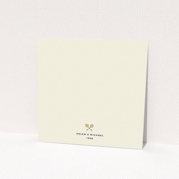 A personalised wedding invite design named "Cross Keys". It is a square (148mm x 148mm) invite in a square orientation. "Cross Keys" is available as a flat invite, with tones of cream and gold.