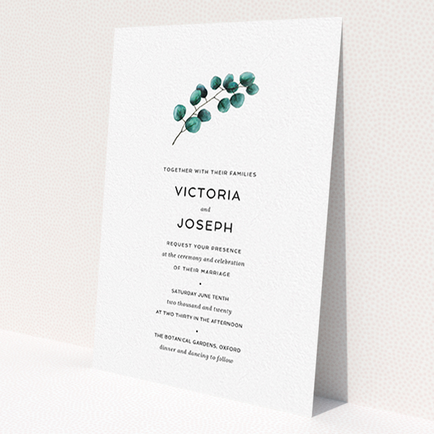 A personalised wedding invite named "Eucalyptus Central". It is an A6 invite in a portrait orientation. "Eucalyptus Central" is available as a flat invite, with tones of white and green.