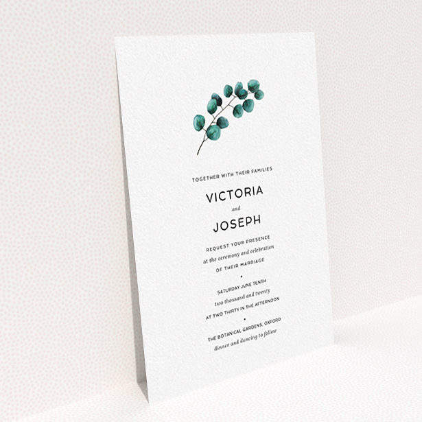 A personalised wedding invite named "Eucalyptus Central". It is an A6 invite in a portrait orientation. "Eucalyptus Central" is available as a flat invite, with tones of white and green.