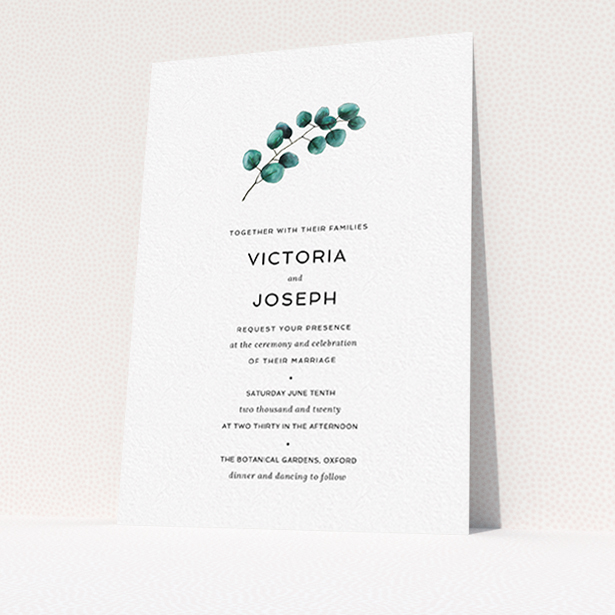 A personalised wedding invite named "Eucalyptus Central". It is an A6 invite in a portrait orientation. "Eucalyptus Central" is available as a flat invite, with tones of white and green.