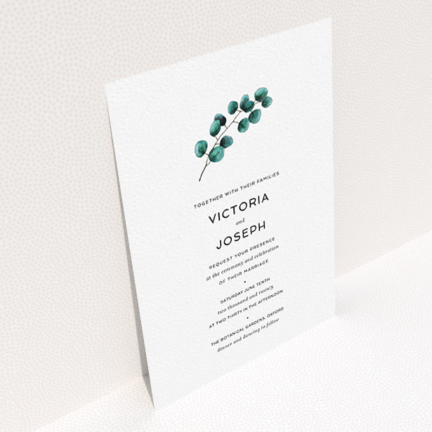 A personalised wedding invite named "Eucalyptus Central". It is an A6 invite in a portrait orientation. "Eucalyptus Central" is available as a flat invite, with tones of white and green.